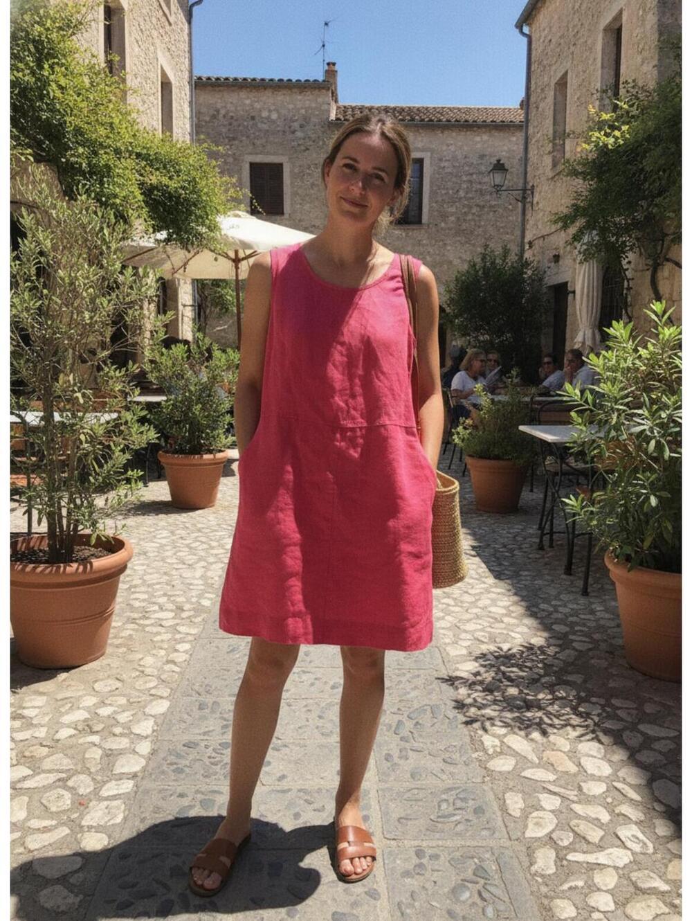Putumayo  100% Linen Carnation  Pink Sleeveless Dress with Pockets Large